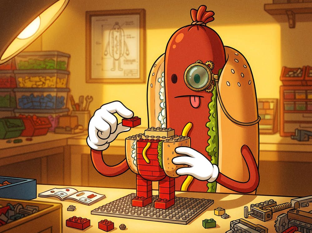 The $HOTDOG mascot wearing a jeweller's loupe at a workshop bench, assembling a small hot dog figure out of toy building bricks, its blueprint pinned to the wall behind him.
