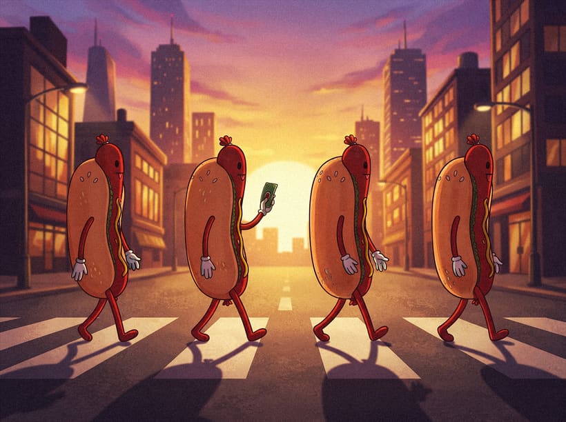 Four $HOTDOG mascots walking across a zebra crossing at sunset, city towers behind them, one of them checking a phone.