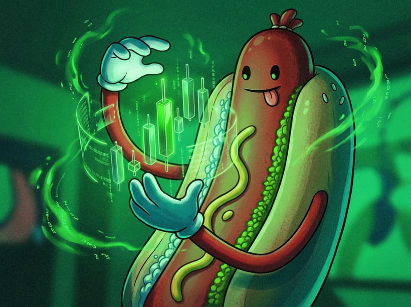 The $HOTDOG mascot conjuring a glowing green candlestick chart out of thin air in a dark green room.
