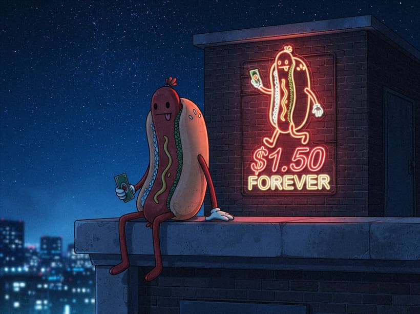 The $HOTDOG mascot sitting on a rooftop ledge at night next to a neon sign reading $1.50 Forever, the city lit up below.