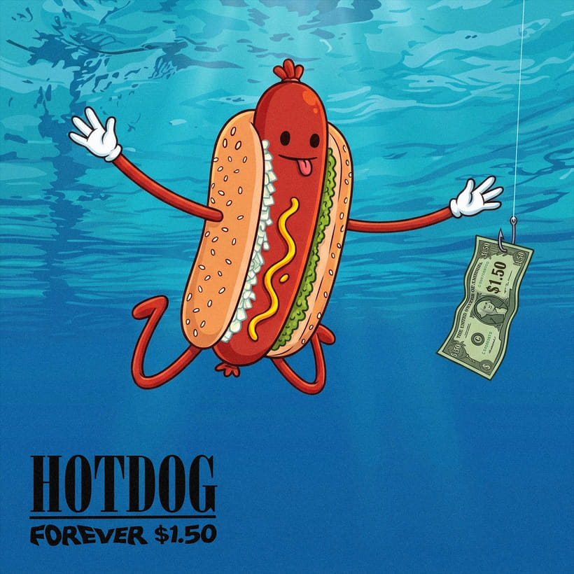 Album cover parody: the $HOTDOG mascot floating underwater with arms outstretched, reaching for a $1.50 note on a fish hook. Text below reads Hotdog, forever $1.50.