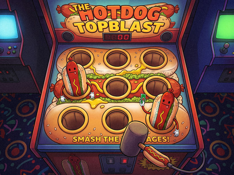 An arcade cabinet called The Hotdog Topblast, a whack-a-mole machine built out of hot dog buns with mascots popping out of the holes and a mallet resting on the front.