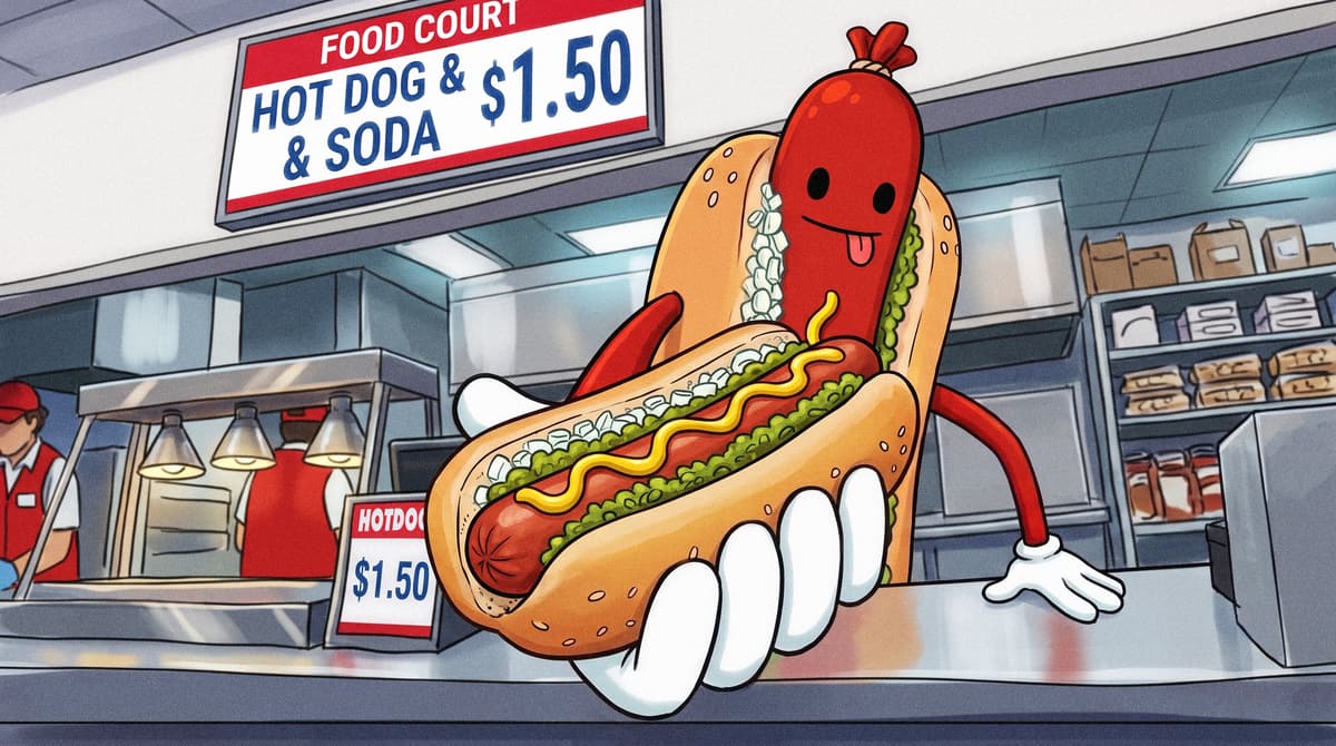 The $HOTDOG mascot behind a warehouse food court counter, holding up a loaded hot dog under a sign reading Hot Dog and Soda, $1.50.