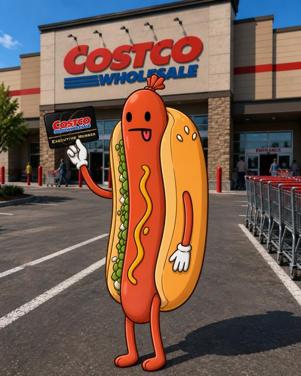 The $HOTDOG mascot standing in a Costco parking lot, holding up a Costco Executive Member card.