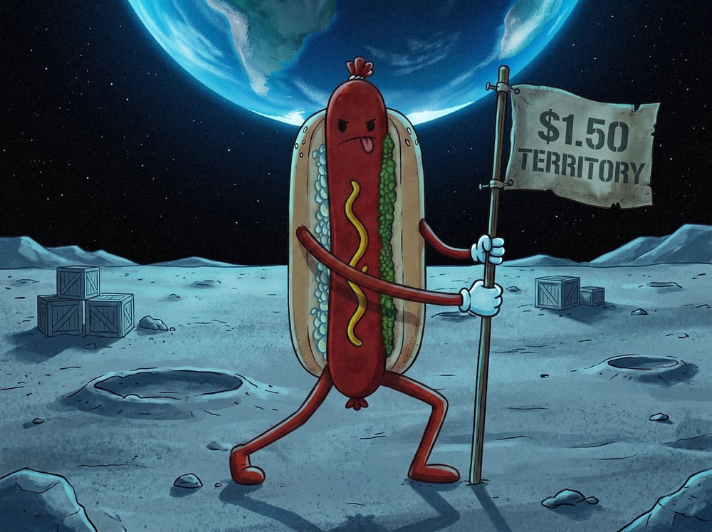 The $HOTDOG mascot standing on the surface of the Moon, planting a flag that reads $1.50 Territory, with Earth rising behind him.