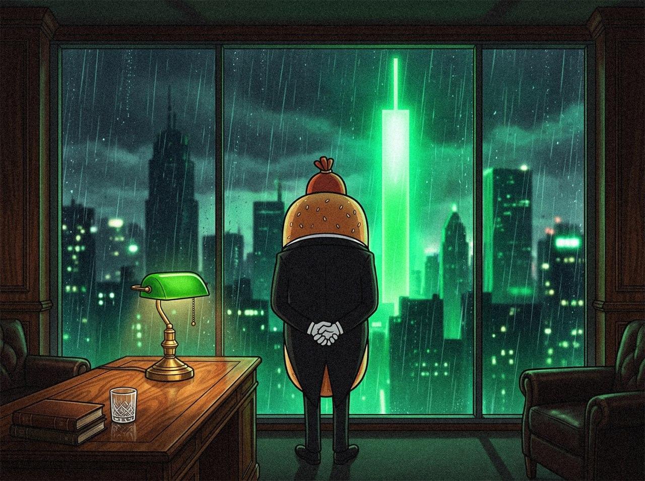 The $HOTDOG mascot in a black suit, hands clasped behind his back, looking out of a corner office at a rainy city skyline glowing green.