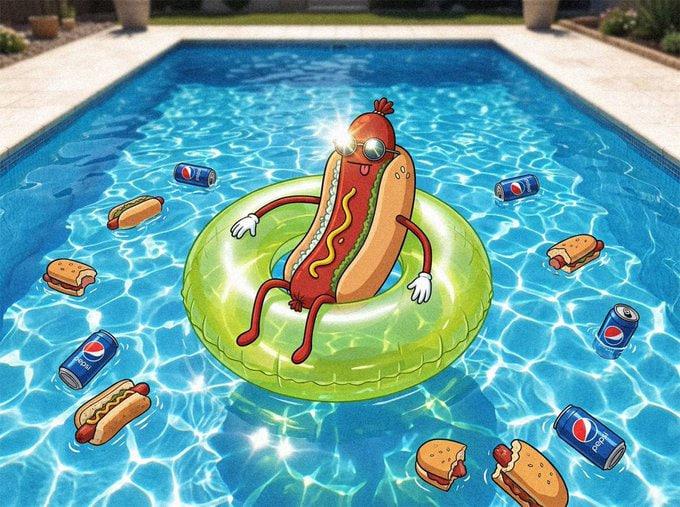 The $HOTDOG mascot in sunglasses floating in a pool on a green inflatable ring, surrounded by hot dogs and soda cans.