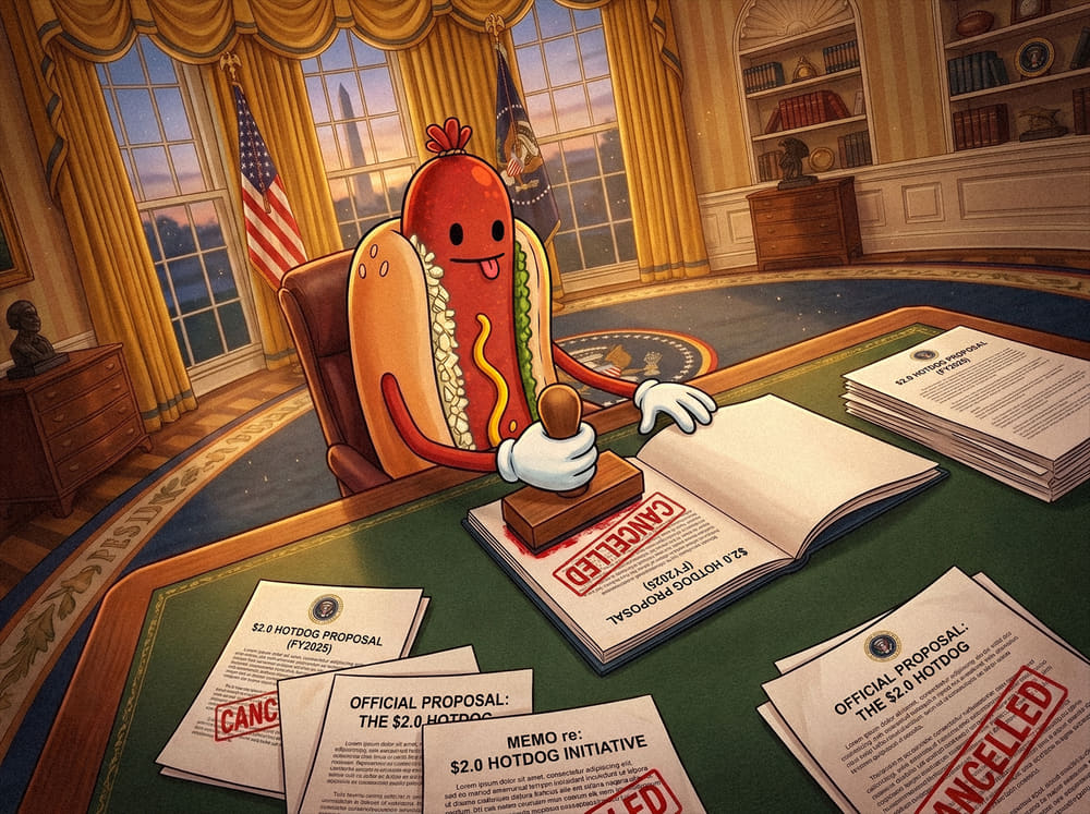 The $HOTDOG mascot sitting at the Resolute desk in the Oval Office, stamping the word Cancelled across a document titled $2.00 Hotdog Proposal. More cancelled copies are scattered across the desk.