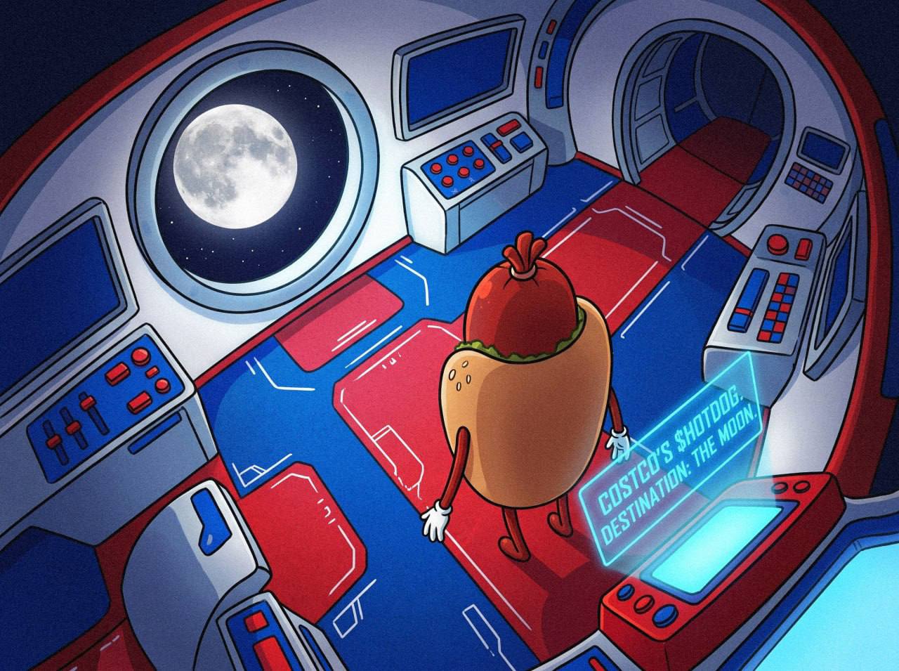 The $HOTDOG mascot at the controls of a red-and-blue spaceship, the Moon visible through a porthole. A screen reads: Costco's $HOTDOG, destination: the Moon.