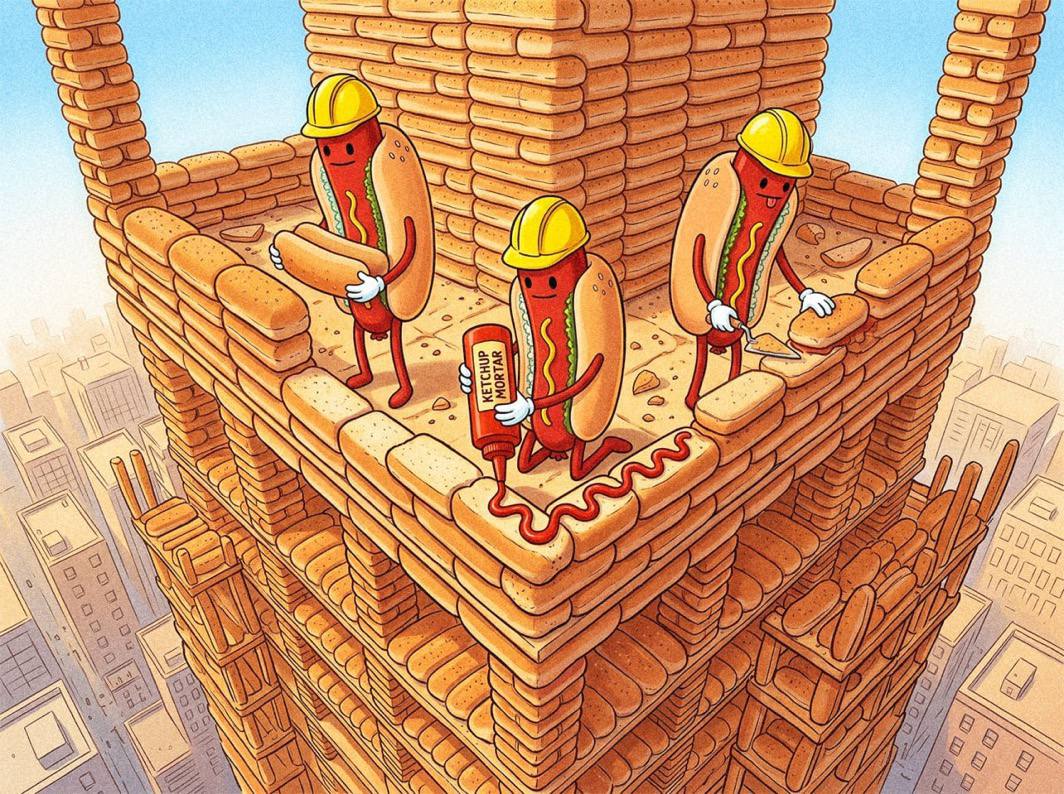 Three $HOTDOG mascots in yellow hard hats building a skyscraper out of hot dog buns, squeezing a bottle labelled Ketchup Mortar.