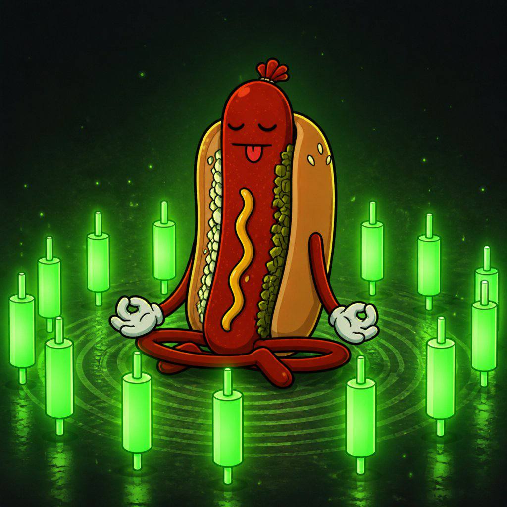The $HOTDOG mascot meditating cross-legged with eyes closed, surrounded by a ring of glowing green candlesticks.